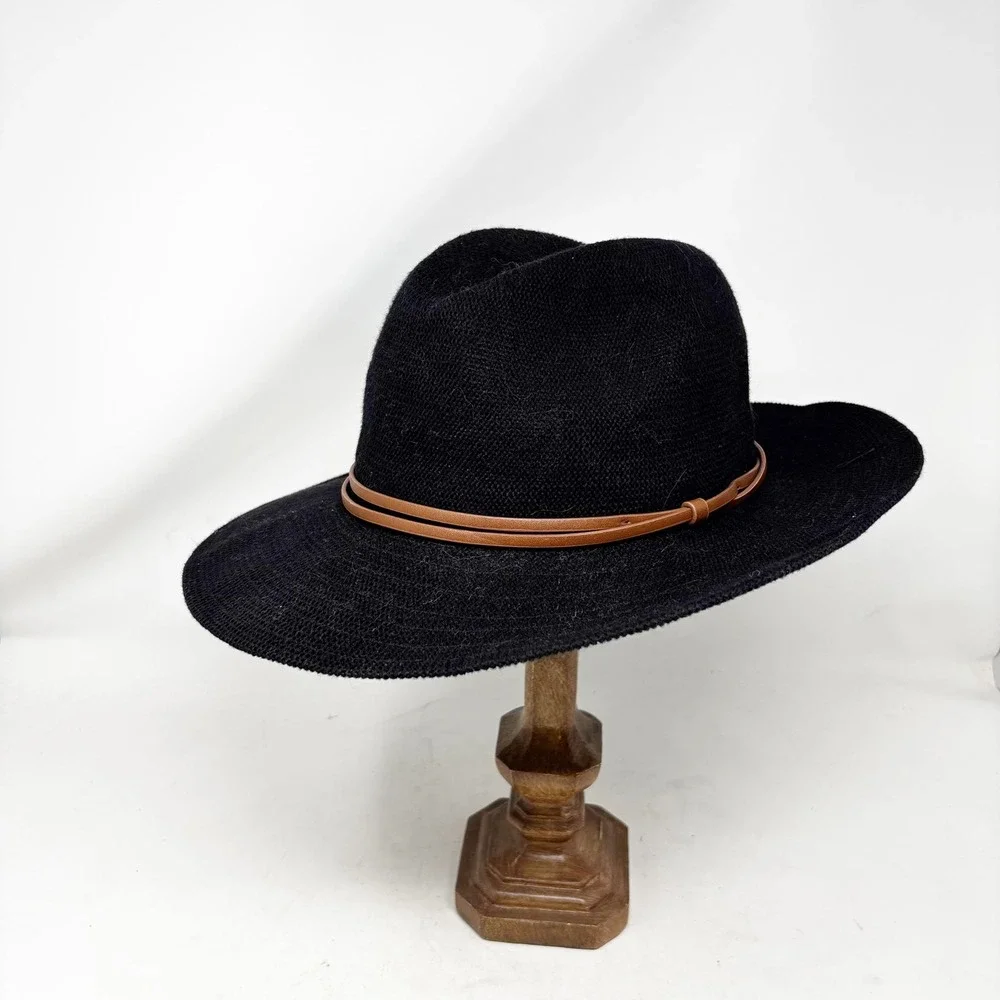Anthropologie Black Fedora Hat One Size Brown‎ Faux Leather Band Cotton Mesh